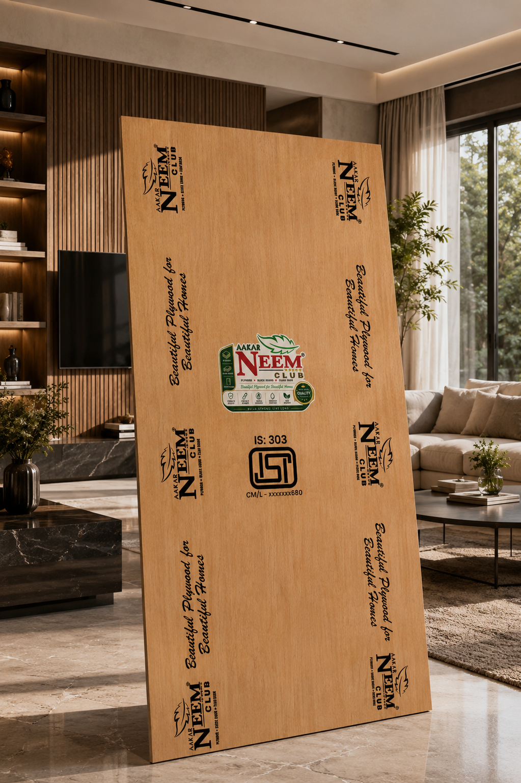 Neem Club plywood panel in a modern living room